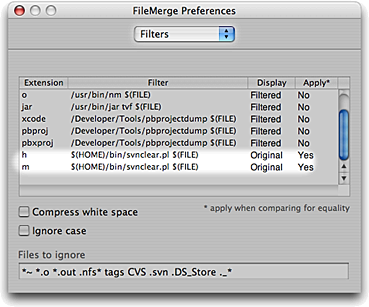 FileMerge preferences dialog with two new entries for 'h' and 'm' extensions being set to the filter of '$(HOME/bin/svnclear.pl $(FILE)', display set to 'Original', and Apply set to 'Yes'